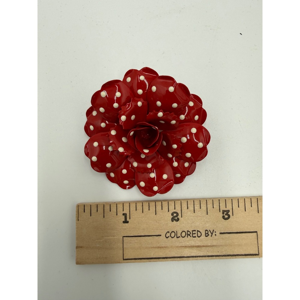 Joan Rivers Red Enamel Polka Dot Flower Brooch Pin Classics Collection Rose 2.5" - Picture 4 of 5